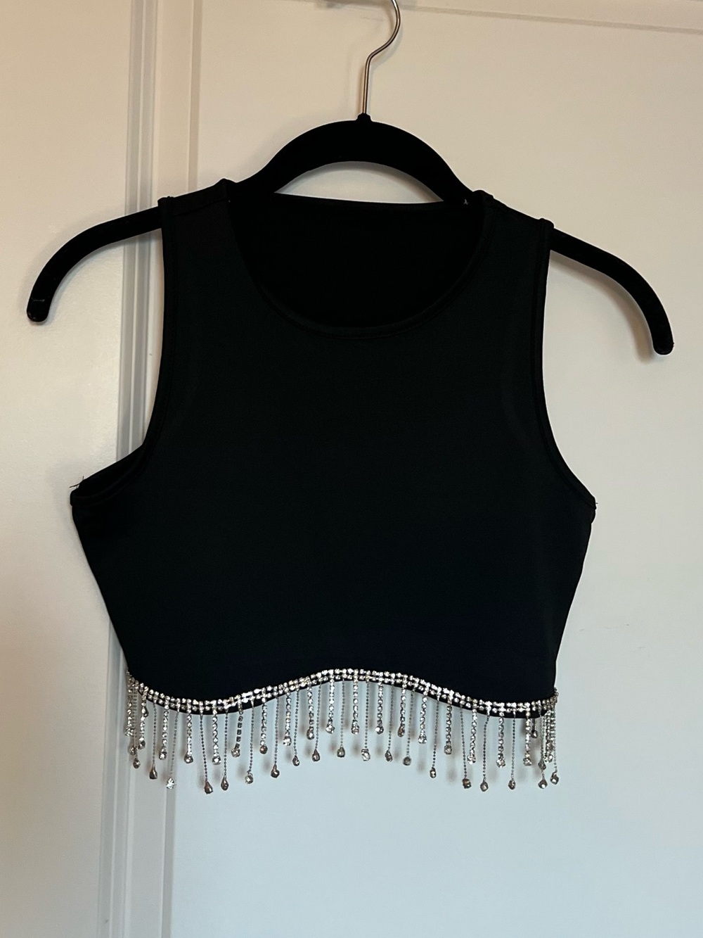 Black Rhinestone Fringe Crop Tank Top